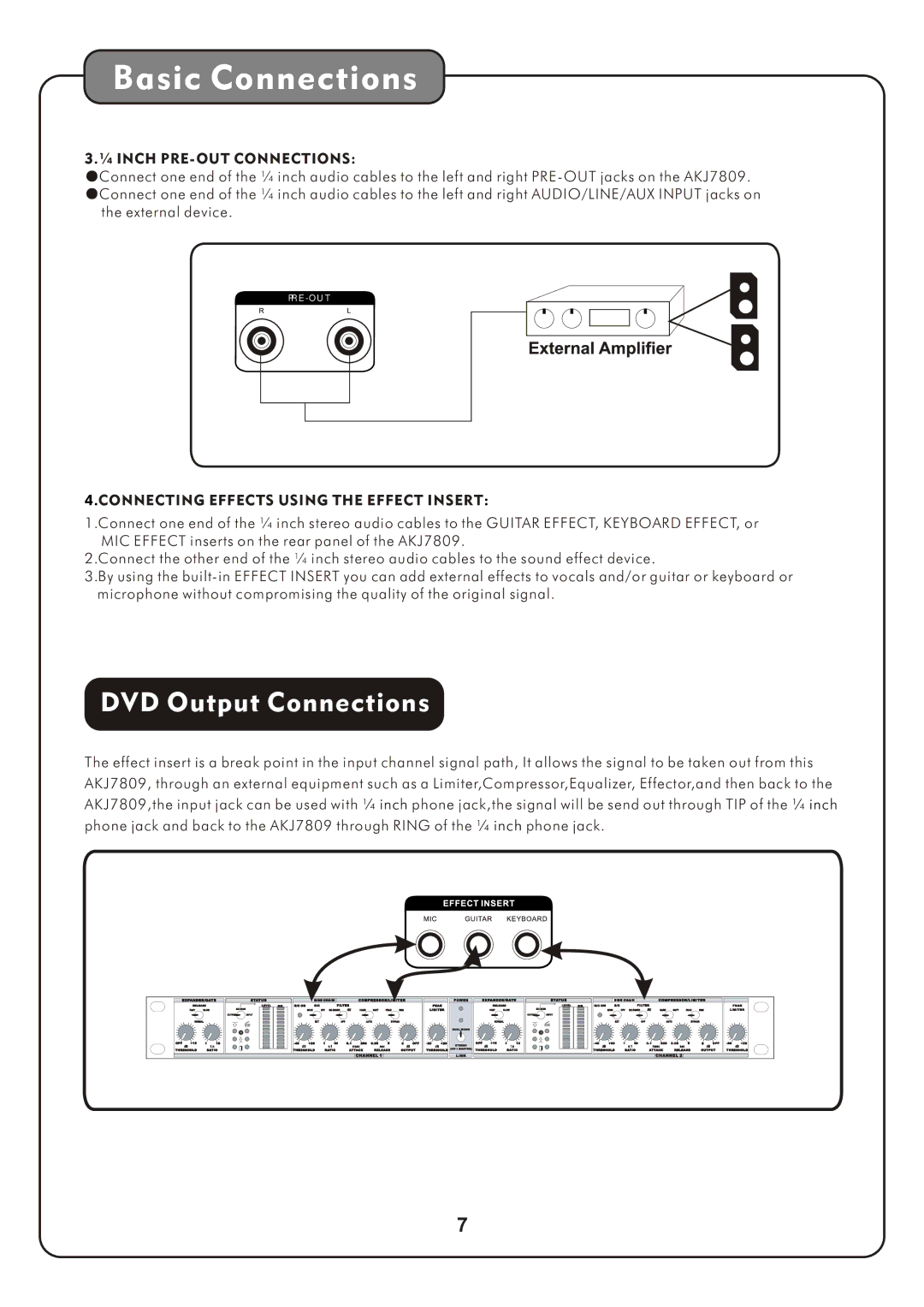 Audio2000's AKJ7809 manual ¼ Inch PRE- OUT Connections, Connecting Effects Using the Effect Insert 