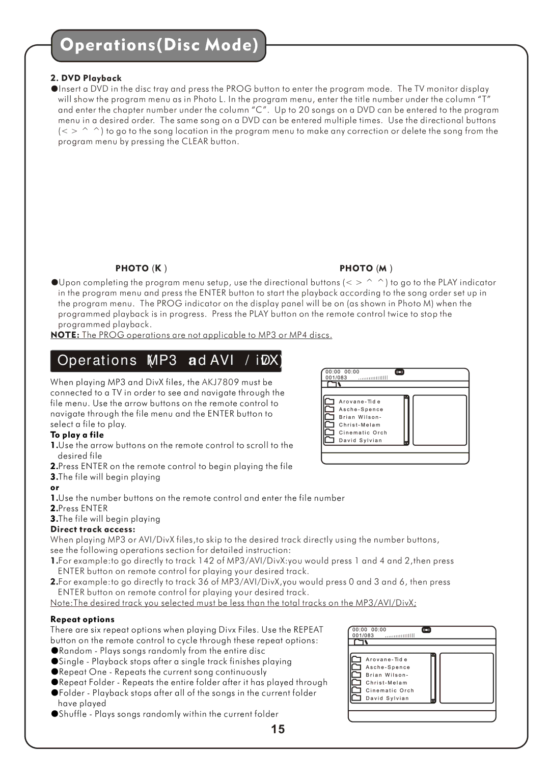 Audio2000's AKJ7809 manual Operations MP3 and AVI / DivX, Photo K Photo M 