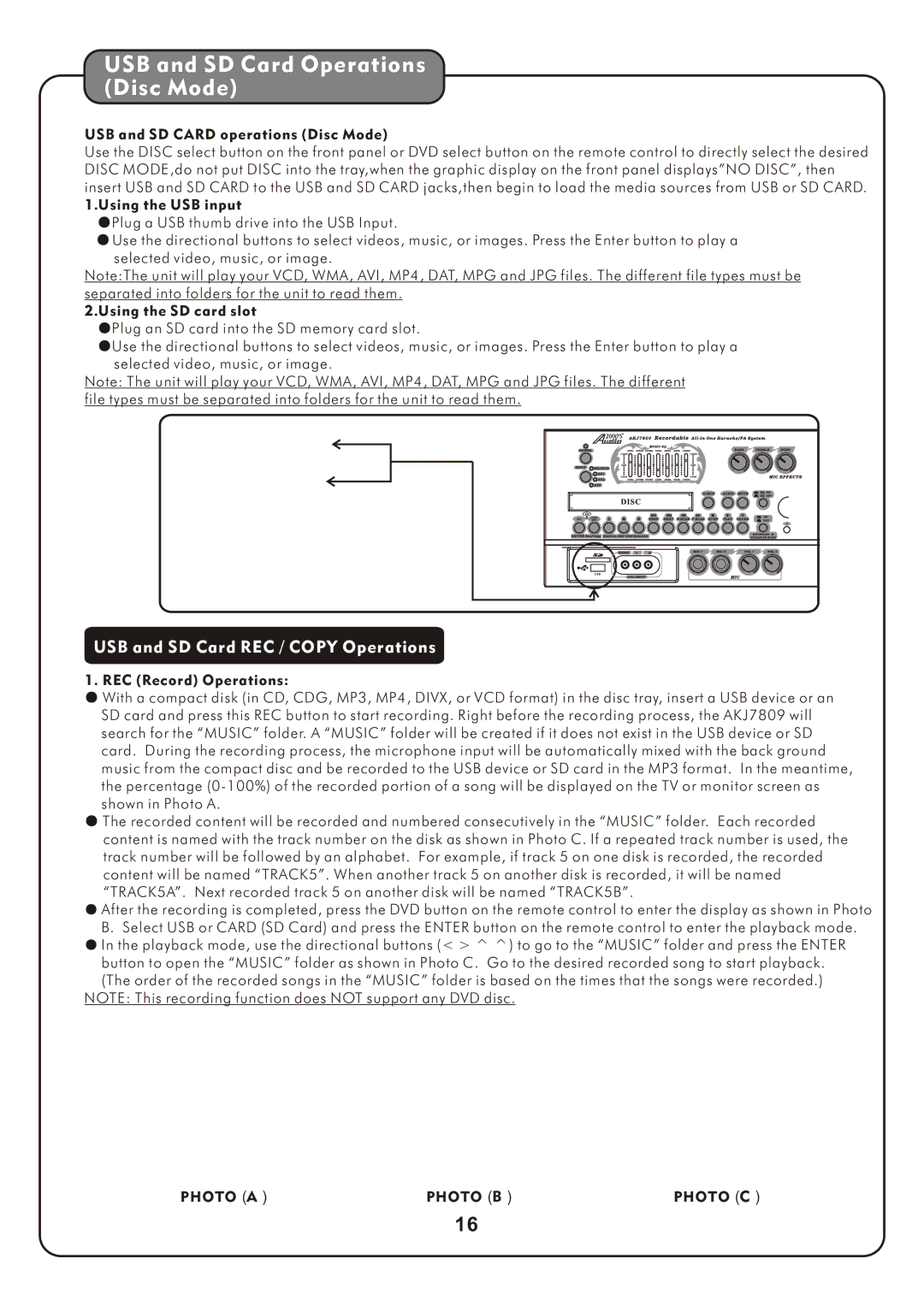 Audio2000's AKJ7809 manual USB and SD Card Operations Disc Mode, Photo a Photo B Photo C 