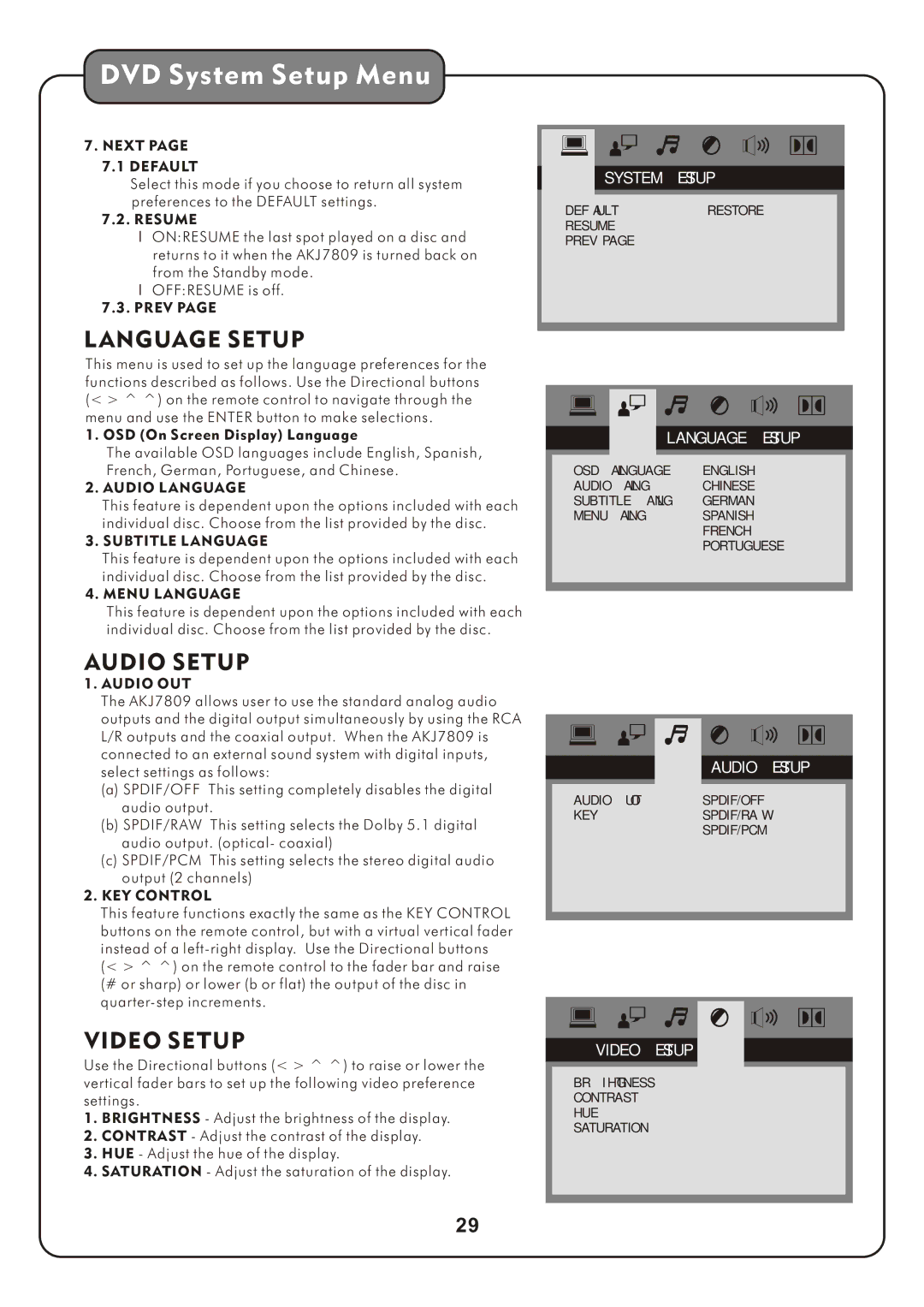 Audio2000's AKJ7809 manual Next Default, Resume, Prev, Audio L Anguage, Subtitle L Anguage, Menu L Anguage, Audio OUT 