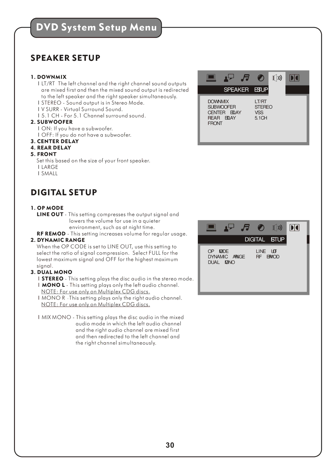 Audio2000's AKJ7809 manual Downmix, Subwoofer, Center DEL AY Rear DEL AY Front,  Large  Small, OP Mode, Dynamic Range 