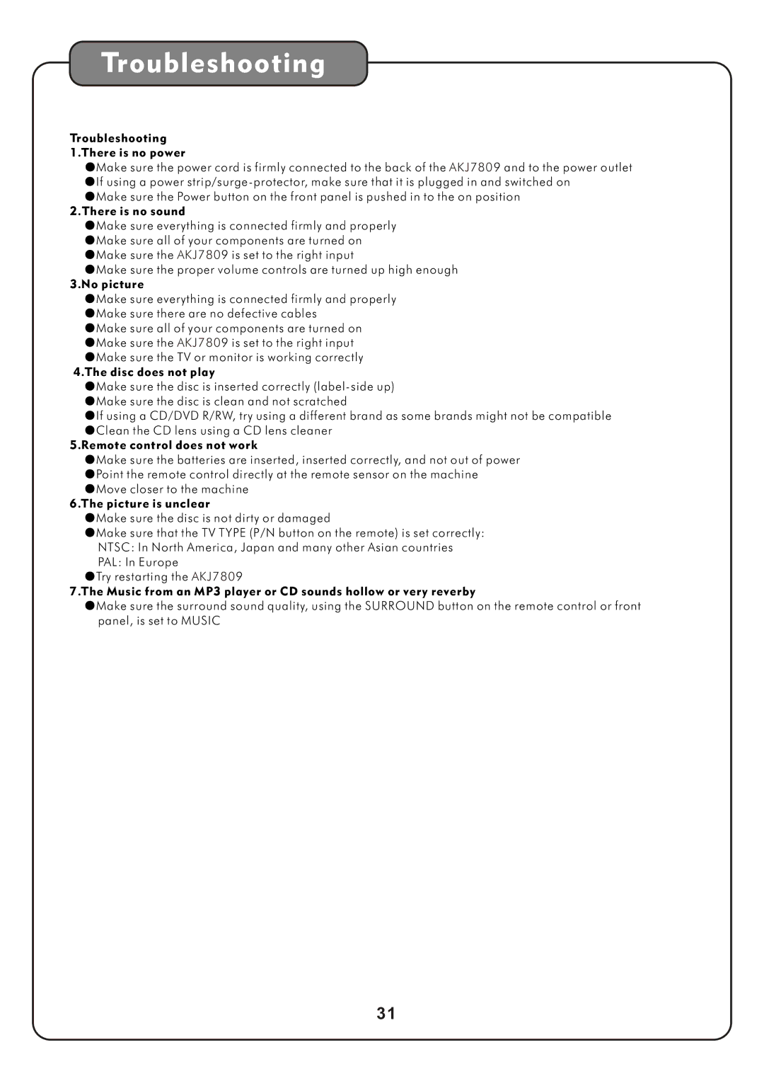 Audio2000's AKJ7809 manual Troubleshooting 