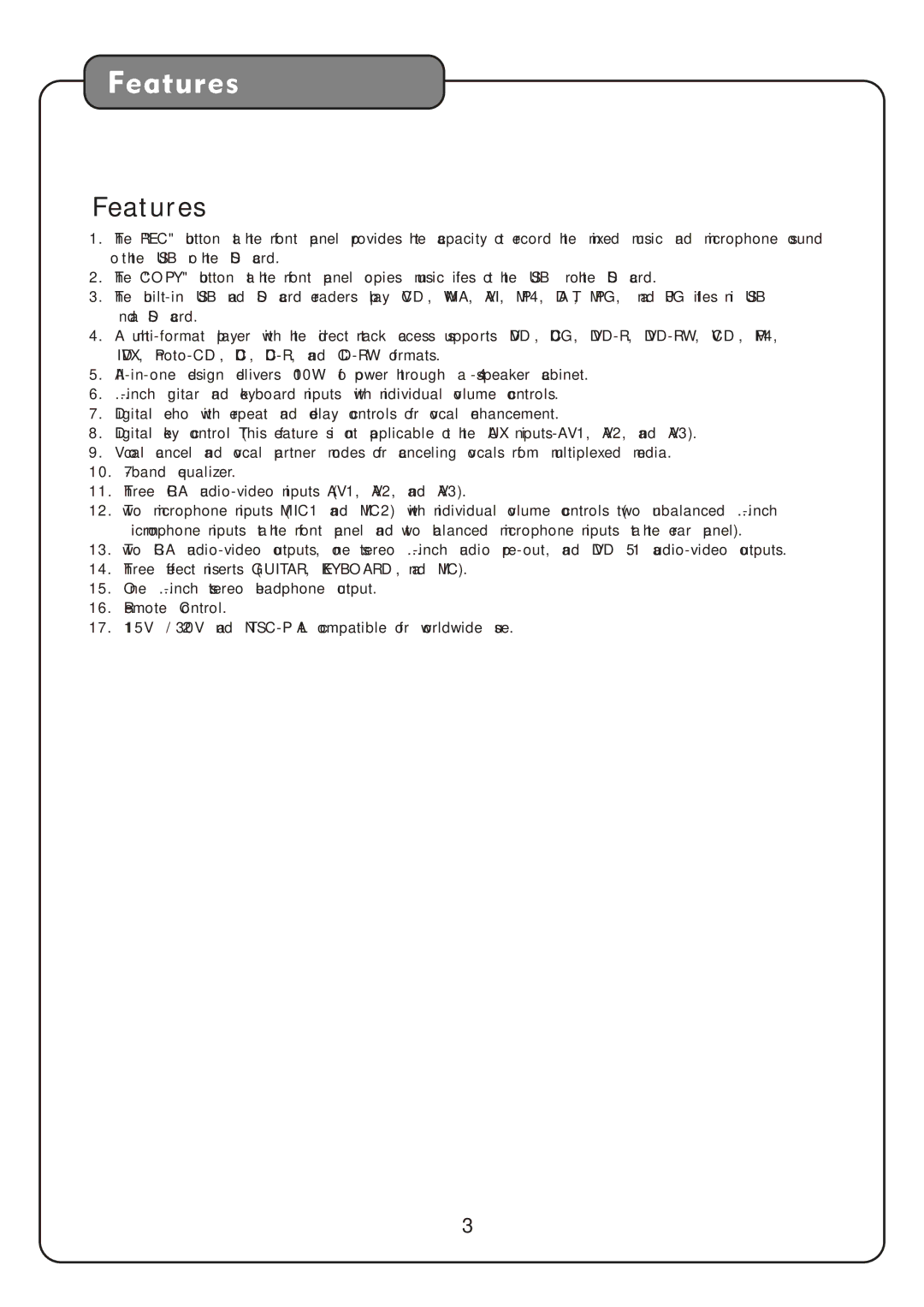 Audio2000's AKJ7809 manual Features 