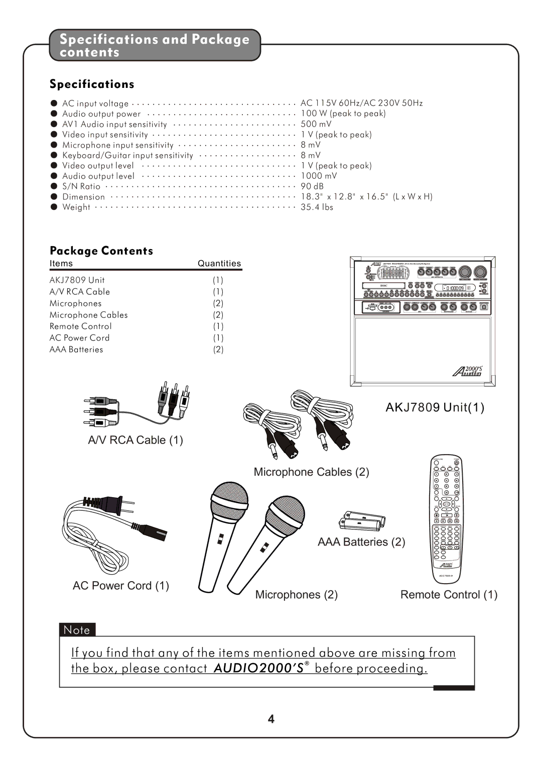 Audio2000's AKJ7809 manual Specifications and Package contents 