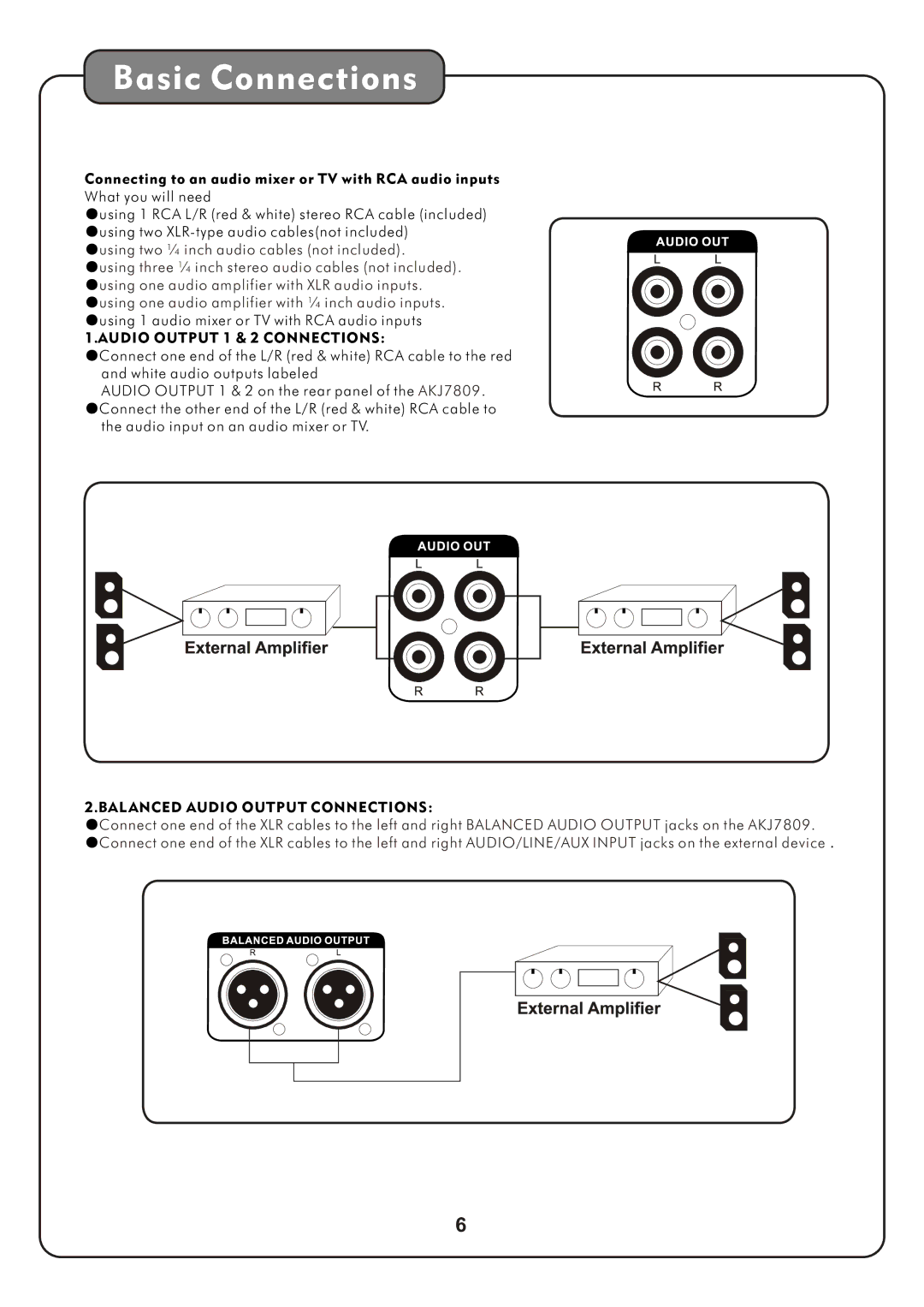 Audio2000's AKJ7809 manual Basic Connections, BAL Anced Audio Output Connections 