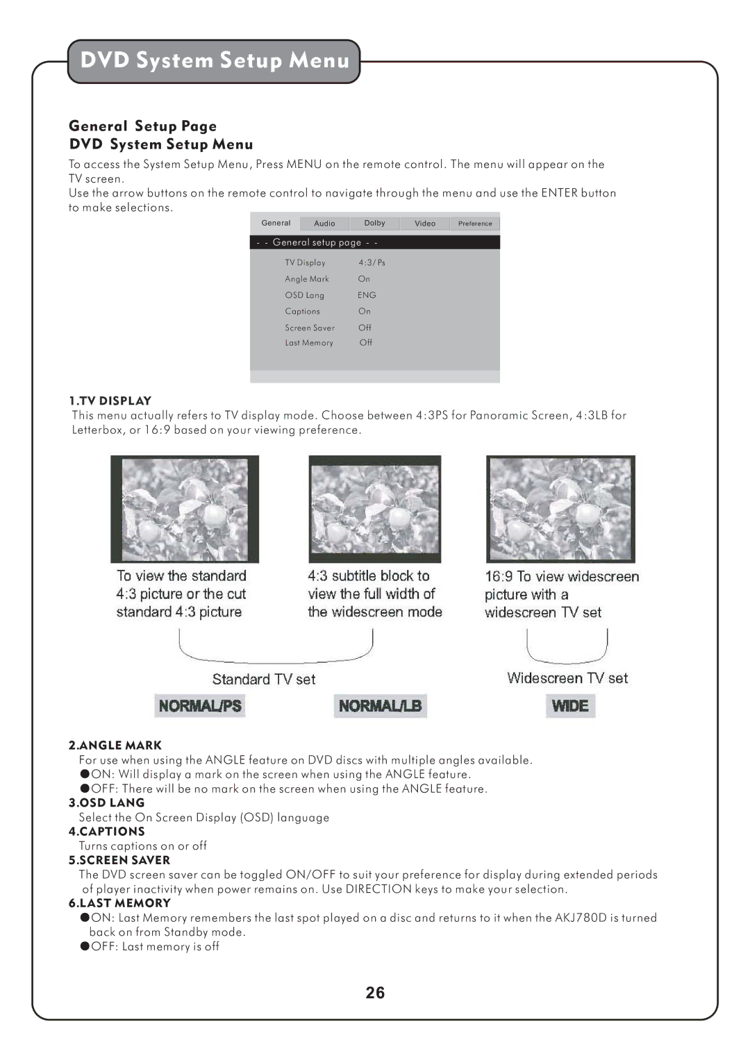 Audio2000's AKJ780D manual DVD System Setup Menu 