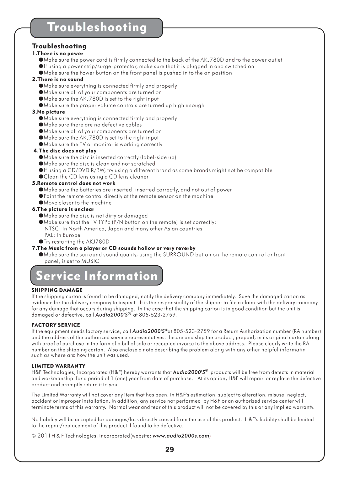 Audio2000's AKJ780D manual Troubleshooting 