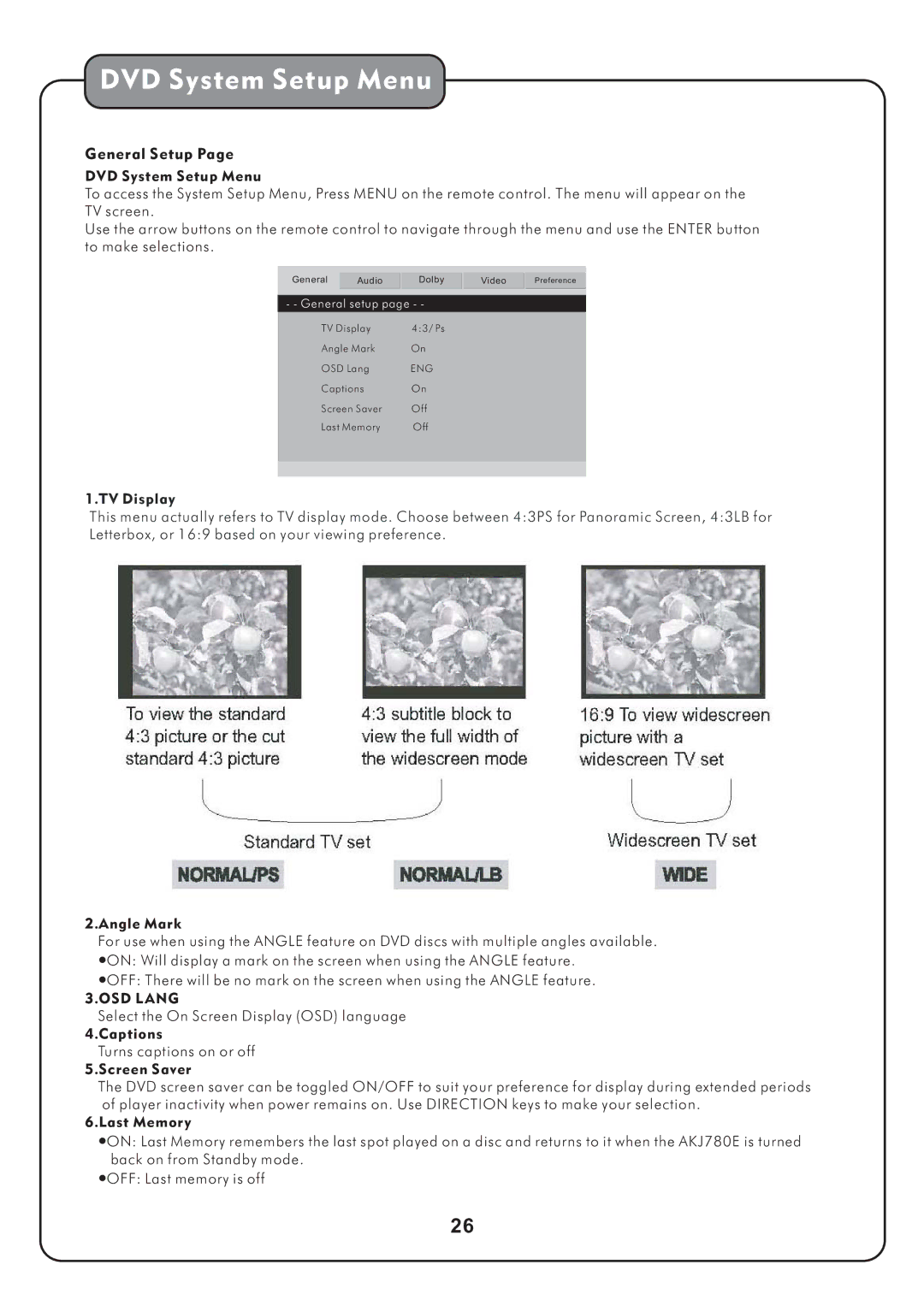 Audio2000's AKJ780E manual DVD System Setup Menu 