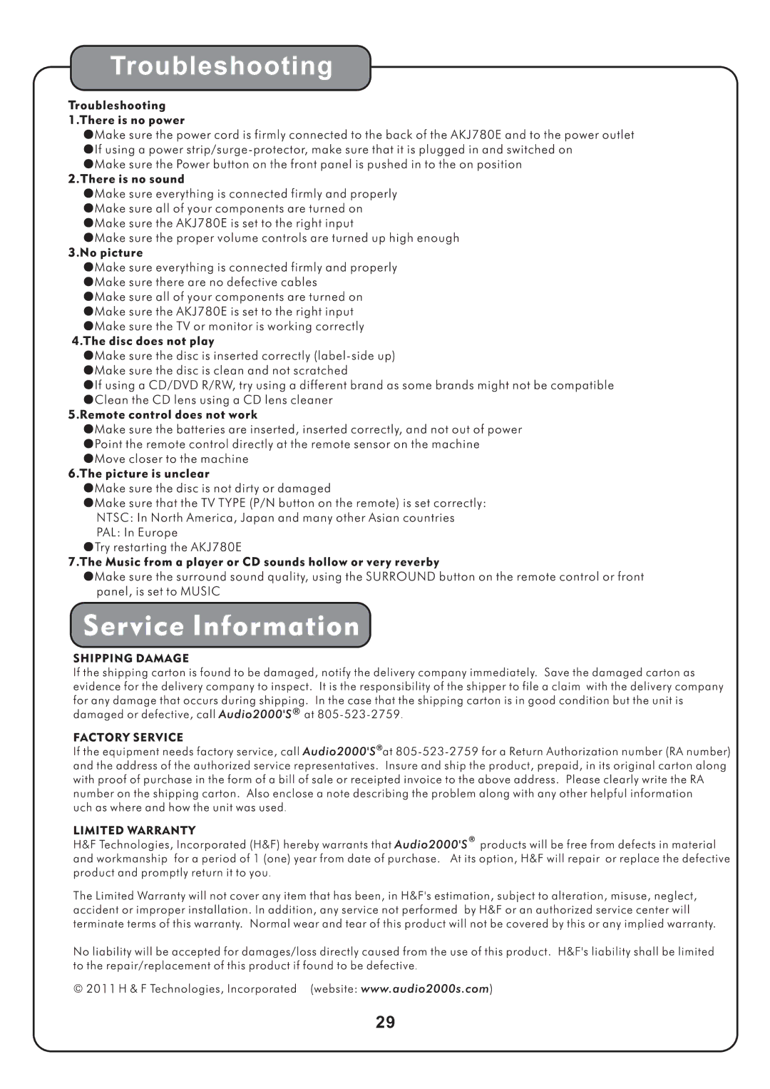 Audio2000's AKJ780E manual Troubleshooting 