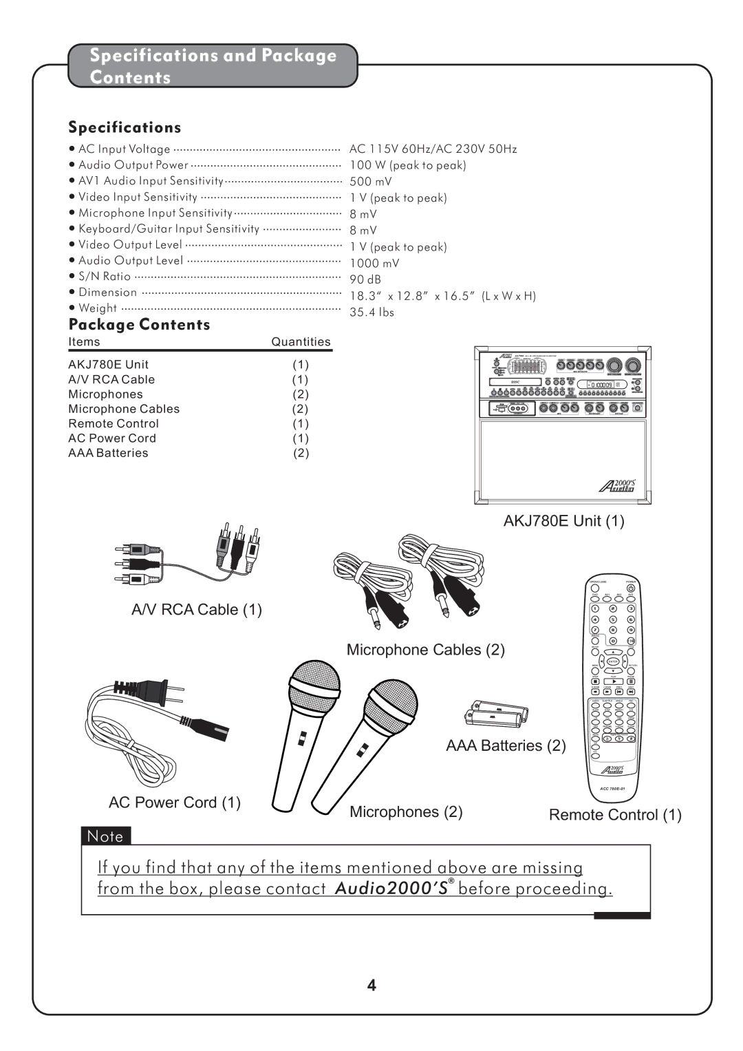 Audio2000's AKJ780E manual Specifications and Package Contents 