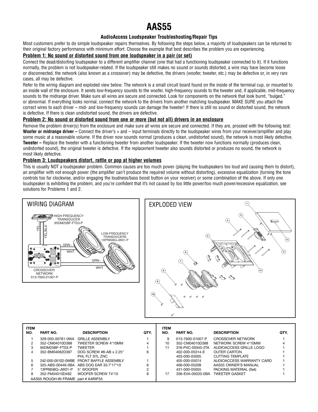 Audioaccess AAS55 manual Wiring Diagram, AudioAccess Loudspeaker Troubleshooting/Repair Tips, Exploded View 