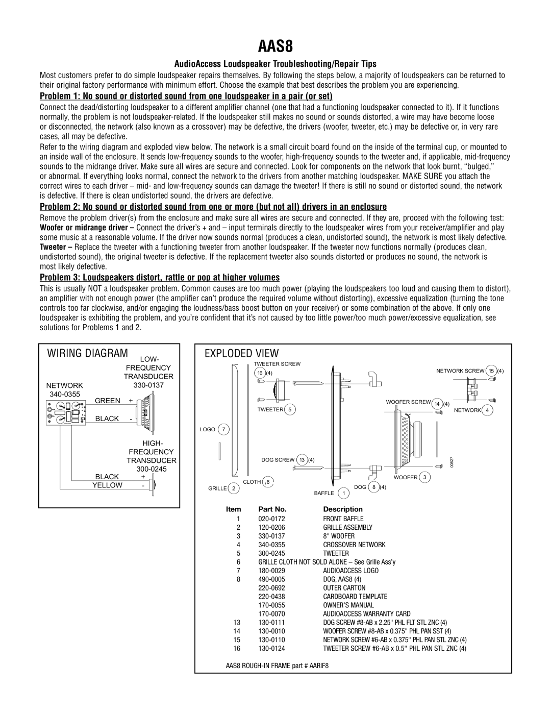 Audioaccess AAS8 manual Wiring Diagram, Exploded View, AudioAccess Loudspeaker Troubleshooting/Repair Tips, Description 