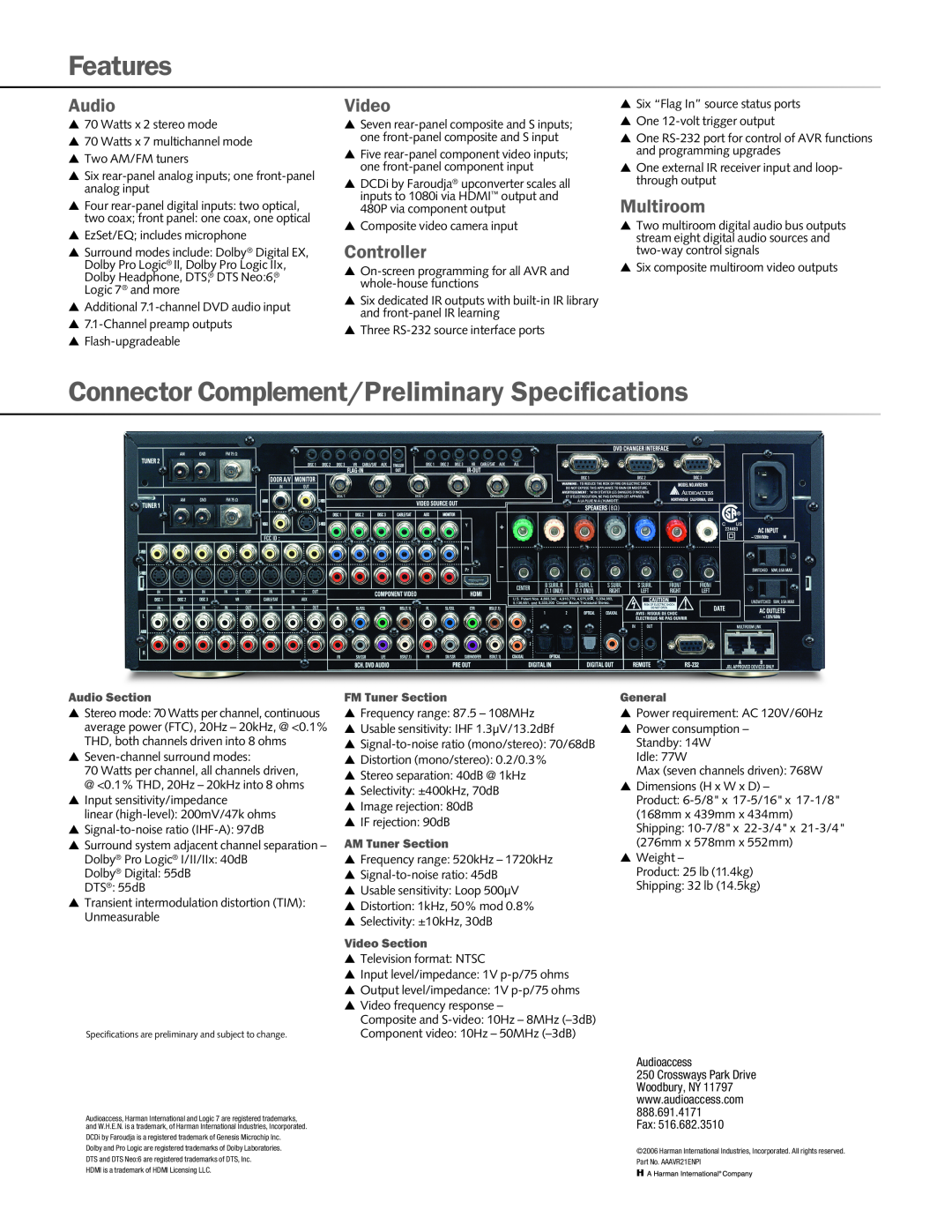 Audioaccess AVR21EN manual Features, Connector Complement/Preliminary Specifications, Audio, Video, Controller, Multiroom 