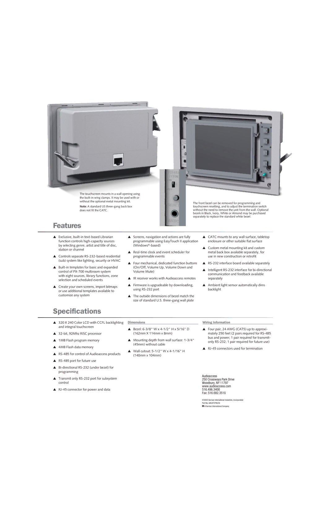 Audioaccess PX-700 manual Features, Specifications, Dimensions, Wiring Information 