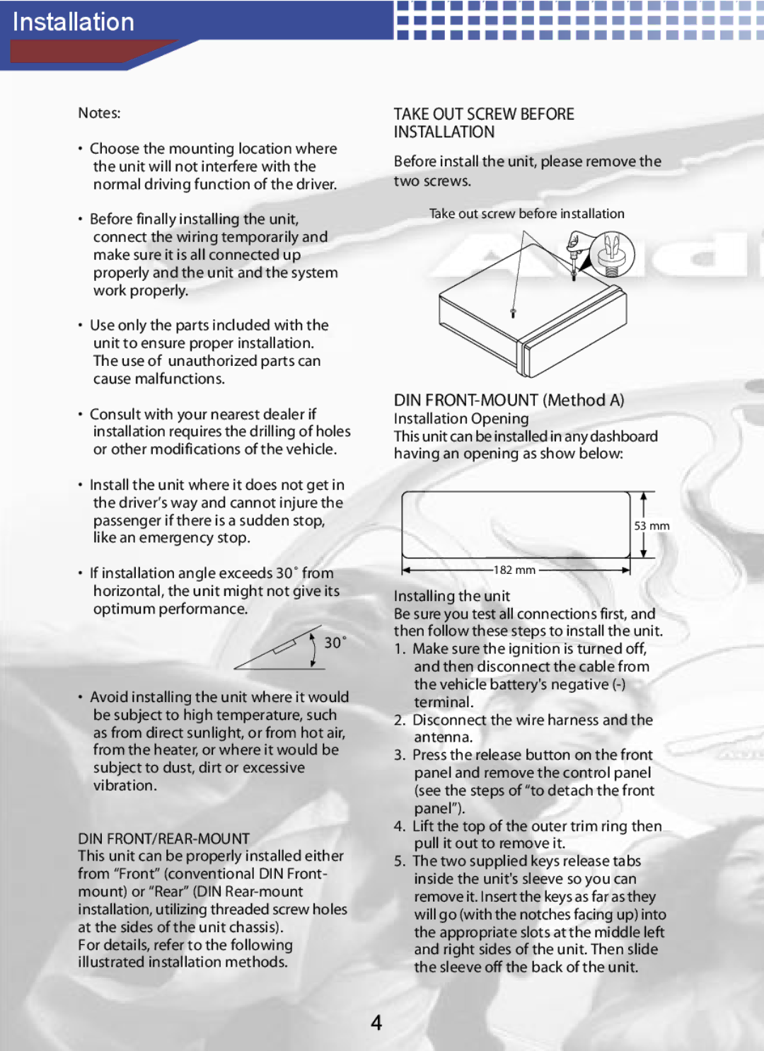 AudioBahn A1150N manual Installation 