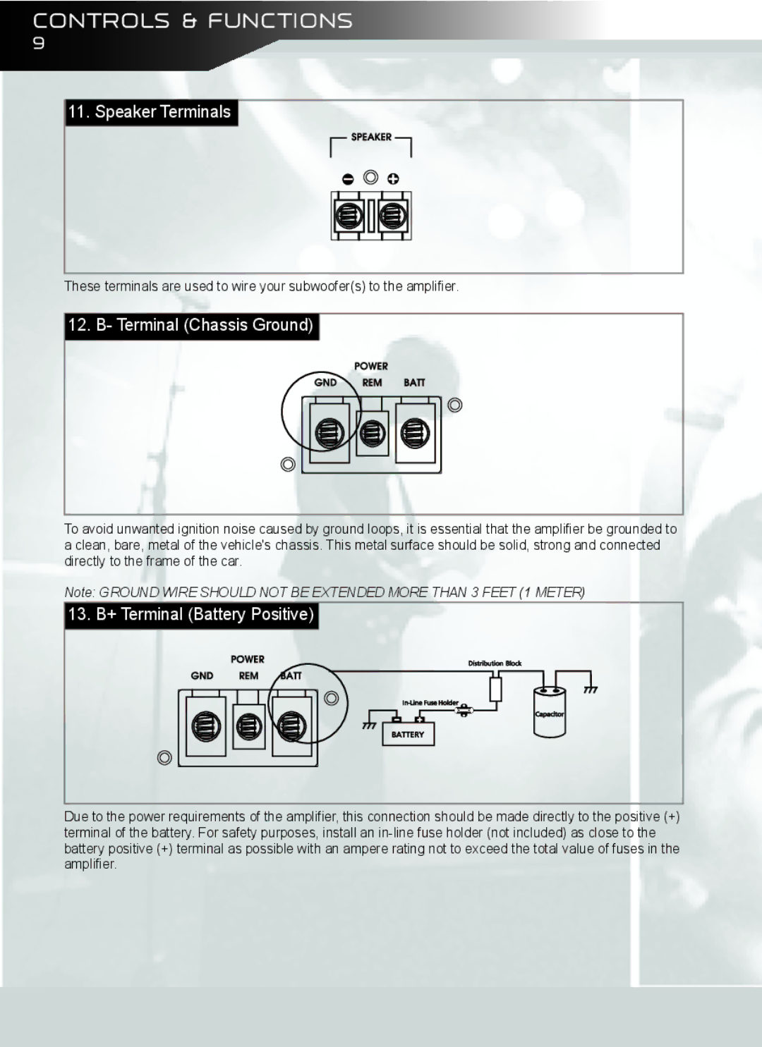 AudioBahn A18001DJ, A12001DJ owner manual Terminal Chassis Ground, 13. B+ Terminal Battery Positive 