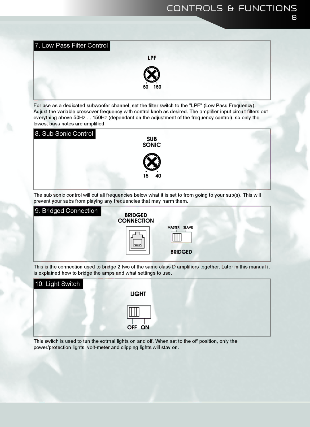 AudioBahn A12001DJ, A18001DJ owner manual Low-Pass Filter Control, Sub Sonic Control, Bridged Connection, Light Switch 