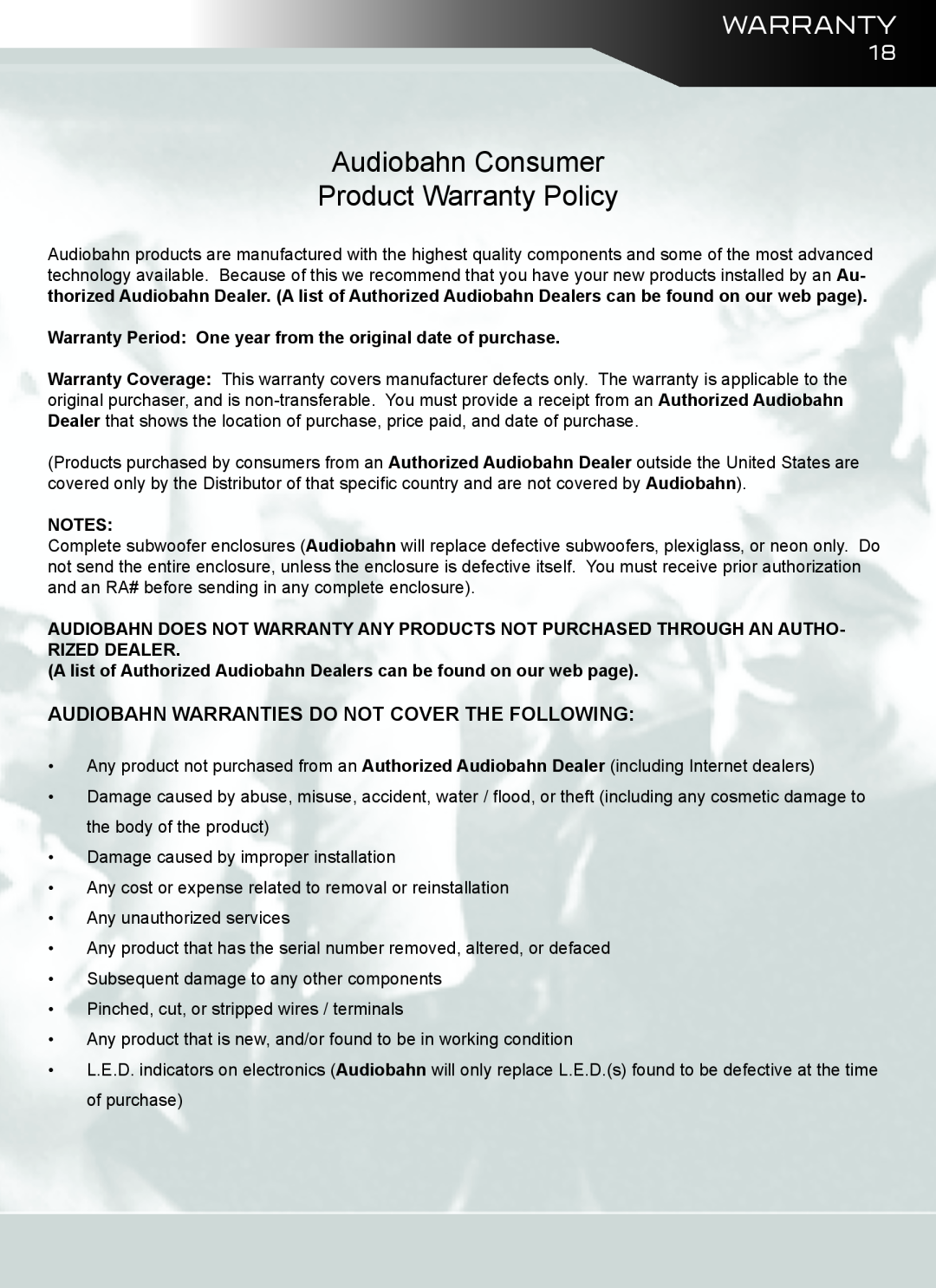 AudioBahn A12001DJ Audiobahn Consumer Product Warranty Policy, Audiobahn Warranties Do Not Cover The Following 