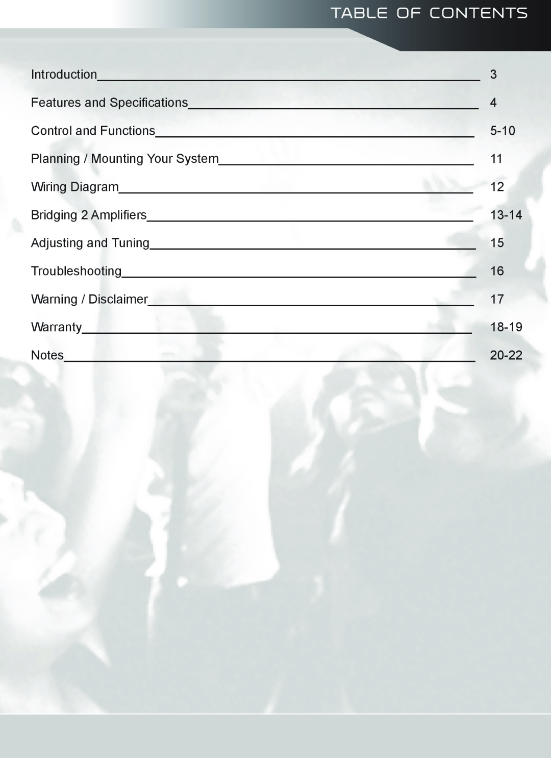 AudioBahn A12001DJ, A18001DJ owner manual Table Of Contents 