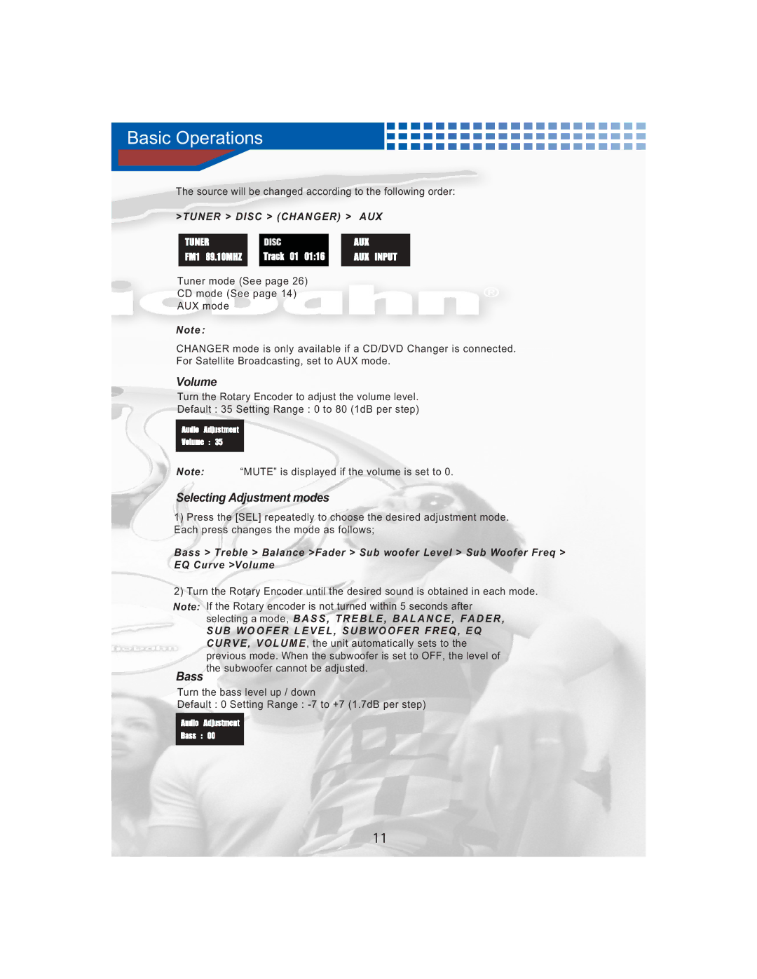 AudioBahn A3451, A3351 manual Basic Operations, Volume, Selecting Adjustment modes, Bass 