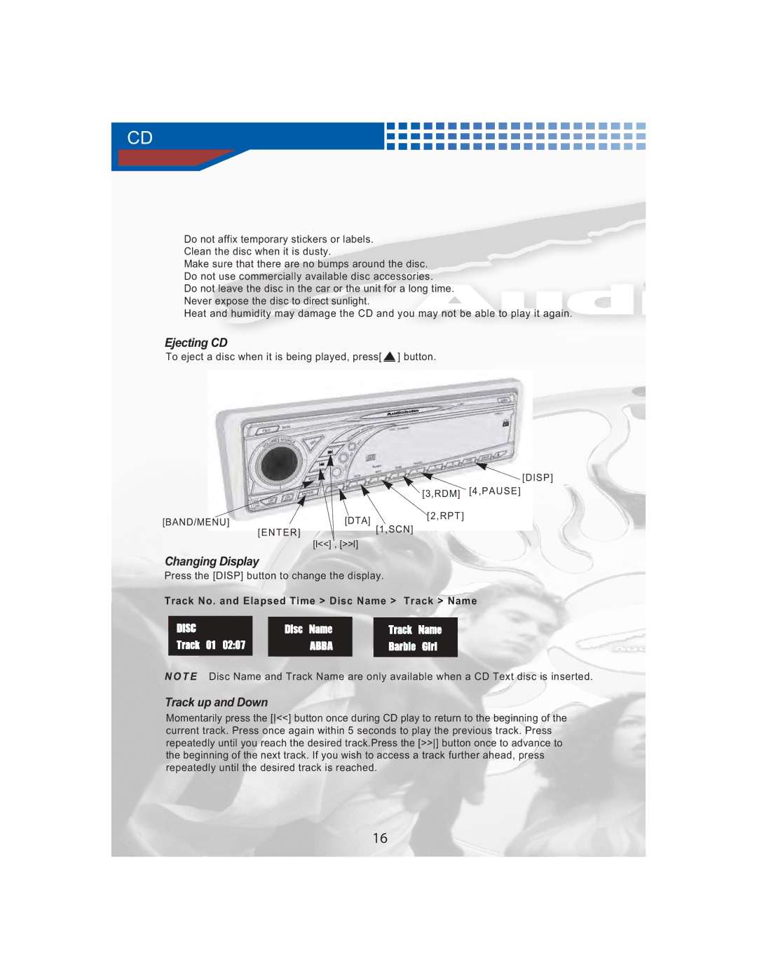AudioBahn A3351, A3451 manual Ejecting CD, Changing Display, Track up and Down 