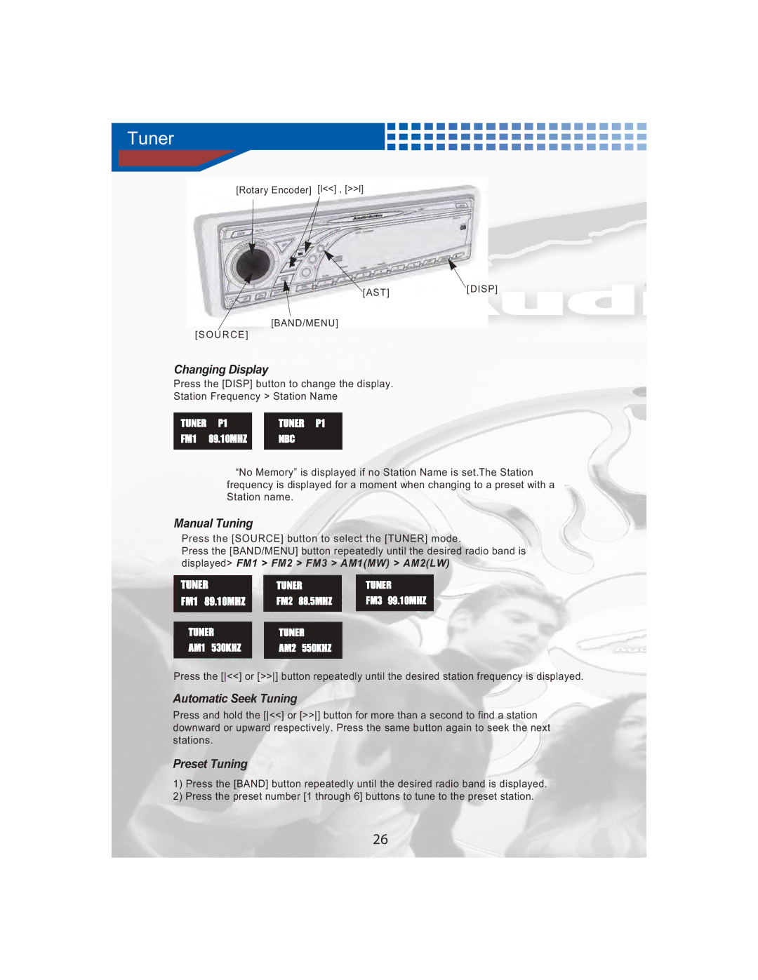 AudioBahn A3351, A3451 manual Tuner, Manual Tuning, Automatic Seek Tuning, Preset Tuning 