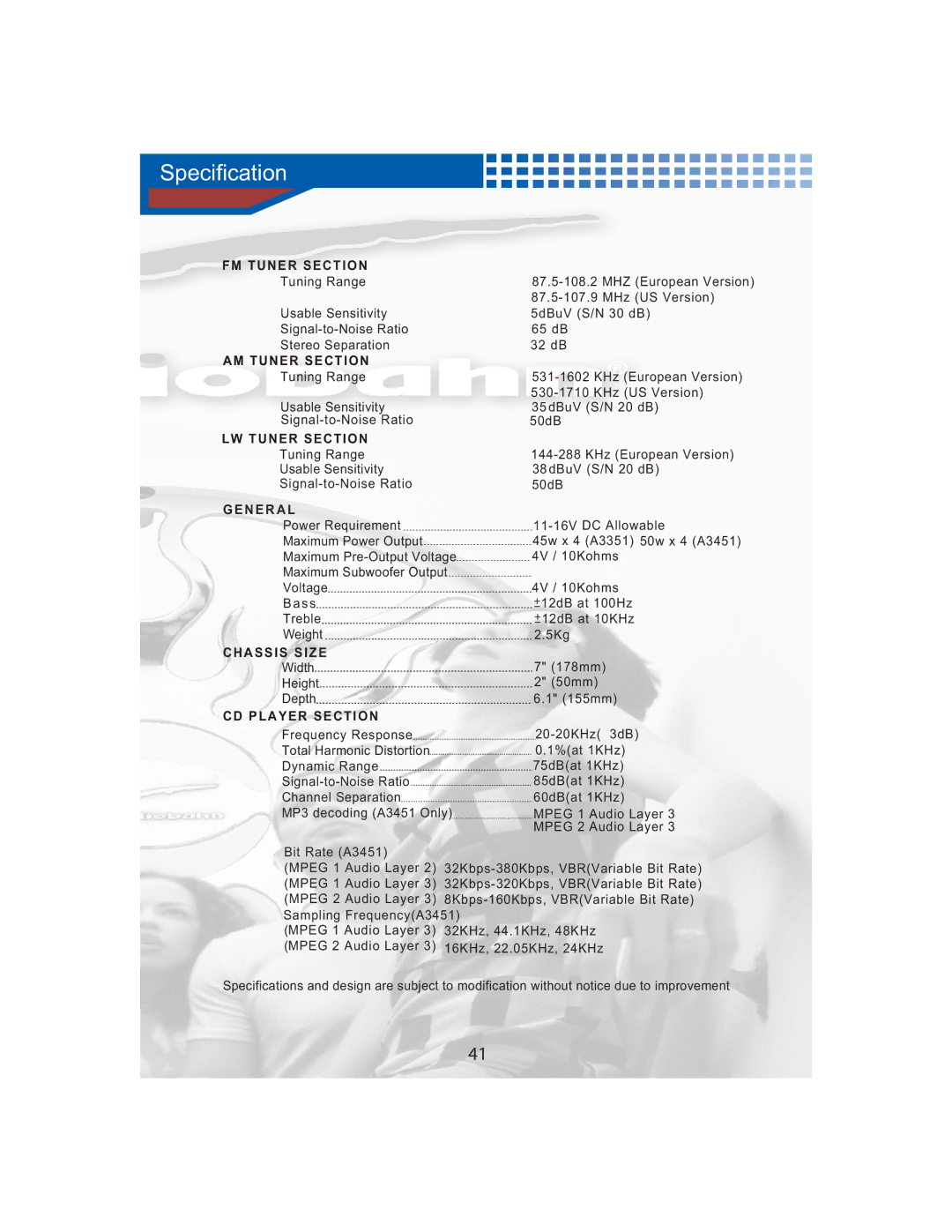 AudioBahn A3451, A3351 manual Specification, FM Tuner Section 