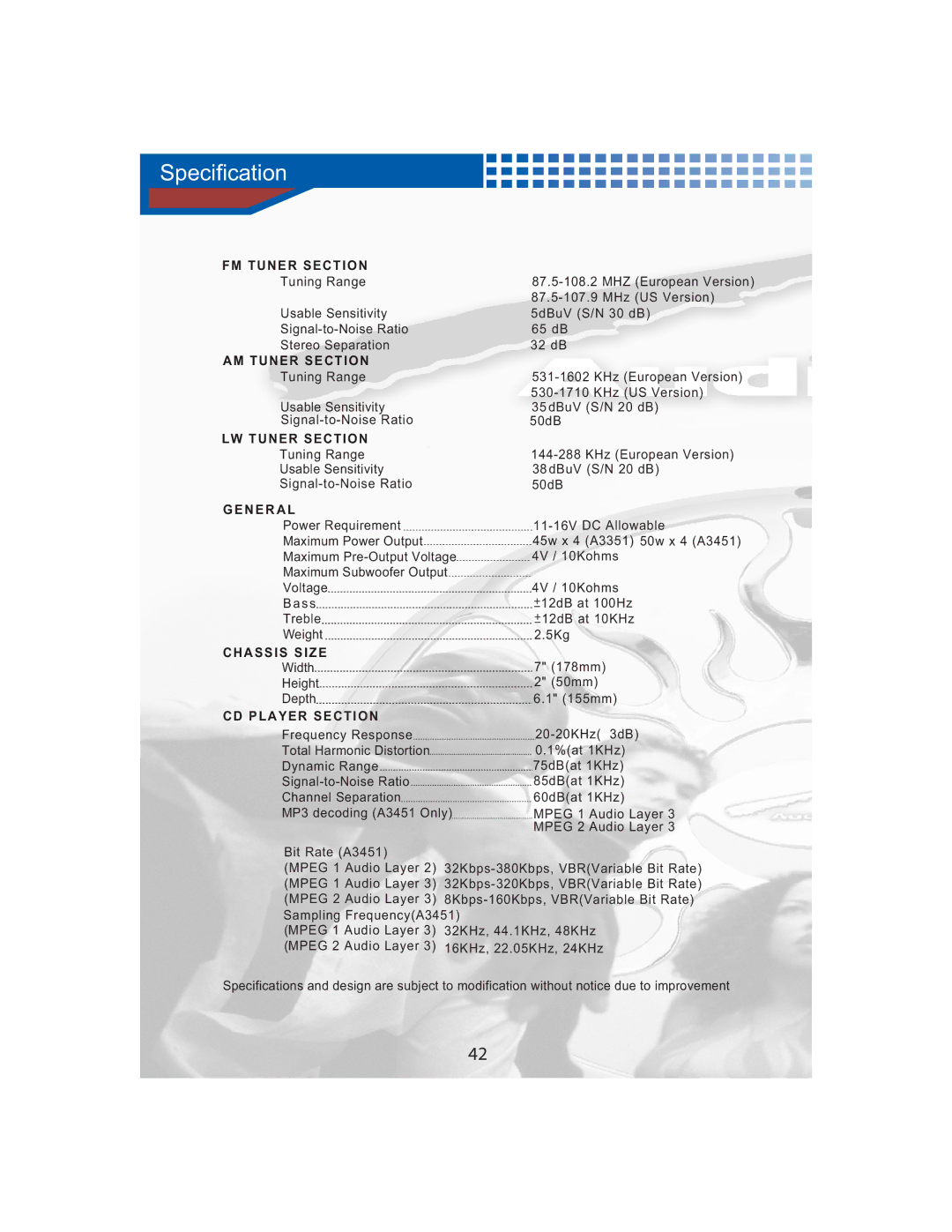 AudioBahn A3351, A3451 manual Specification 