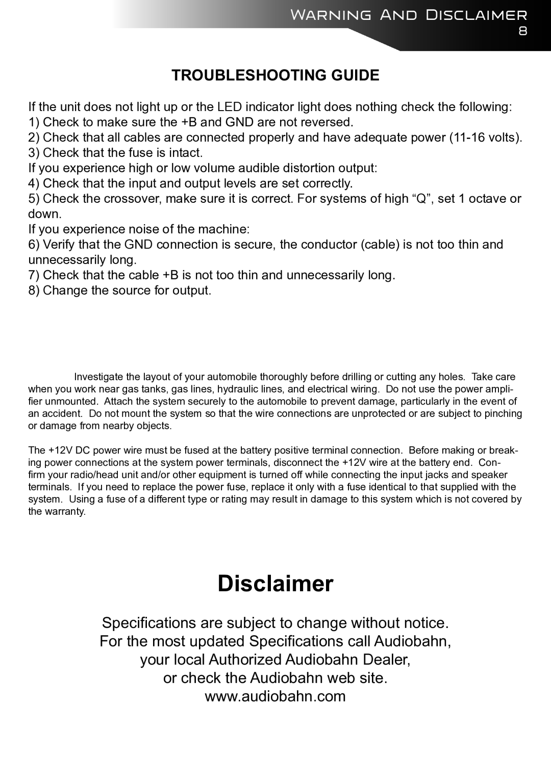 AudioBahn ABD40J owner manual Disclaimer 