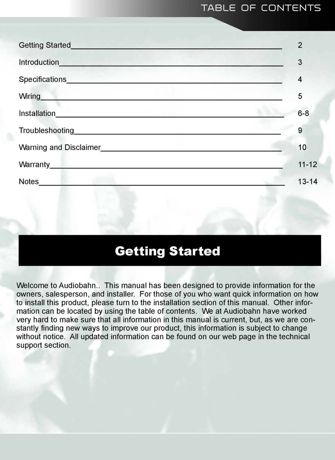 AudioBahn AT61J, AT60J owner manual Getting Started, Table of Contents 