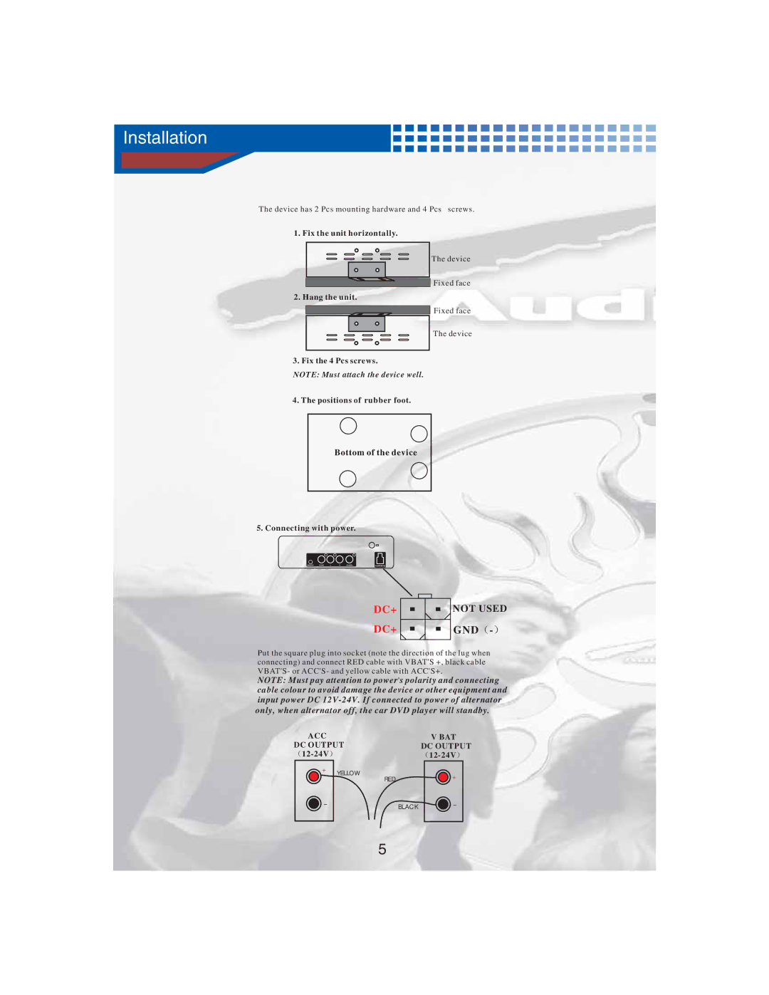 AudioBahn AVDVD10P manual Installation, Fix the unit horizontally, Hang the unit, 12-24V 