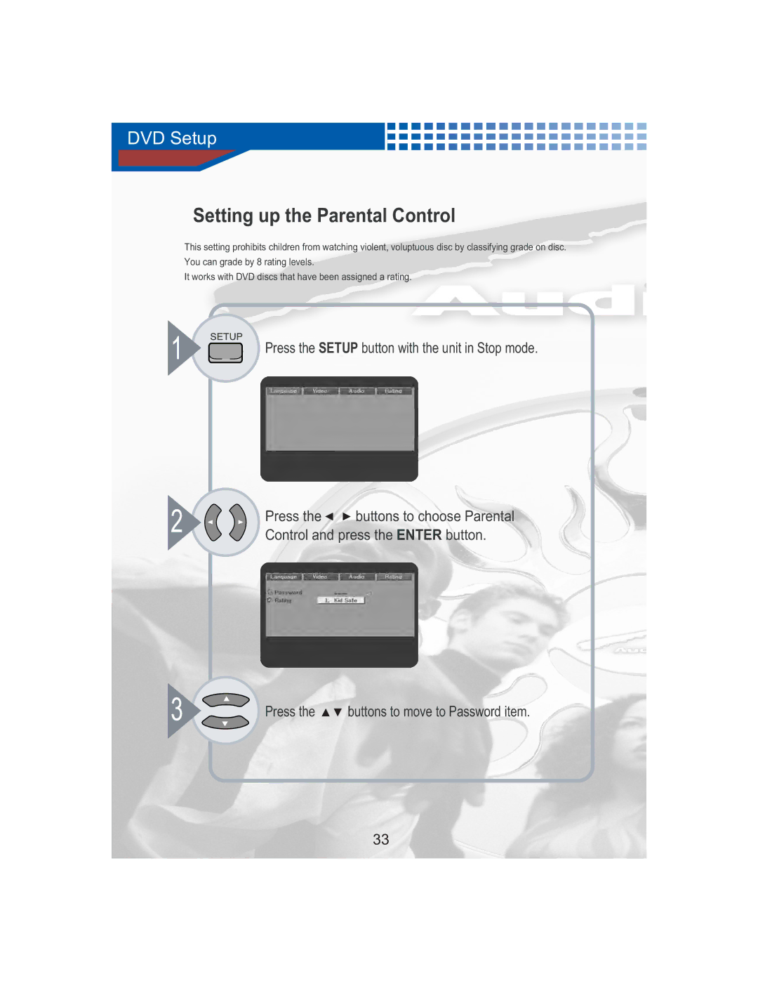 AudioBahn AVDVD1P manual Setting up the Parental Control, Press the buttons to move to Password item 