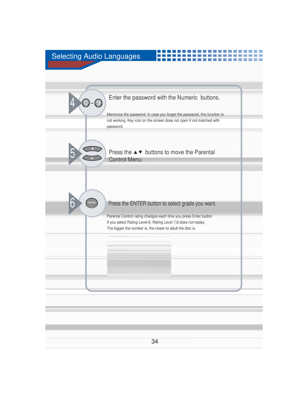 AudioBahn AVDVD1P manual Selecting Audio Languages, Press Buttons to move the Parental Control Menu 