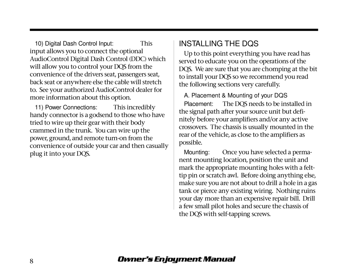 AudioControl manual Installing the DQS, Placement & Mounting of your DQS 