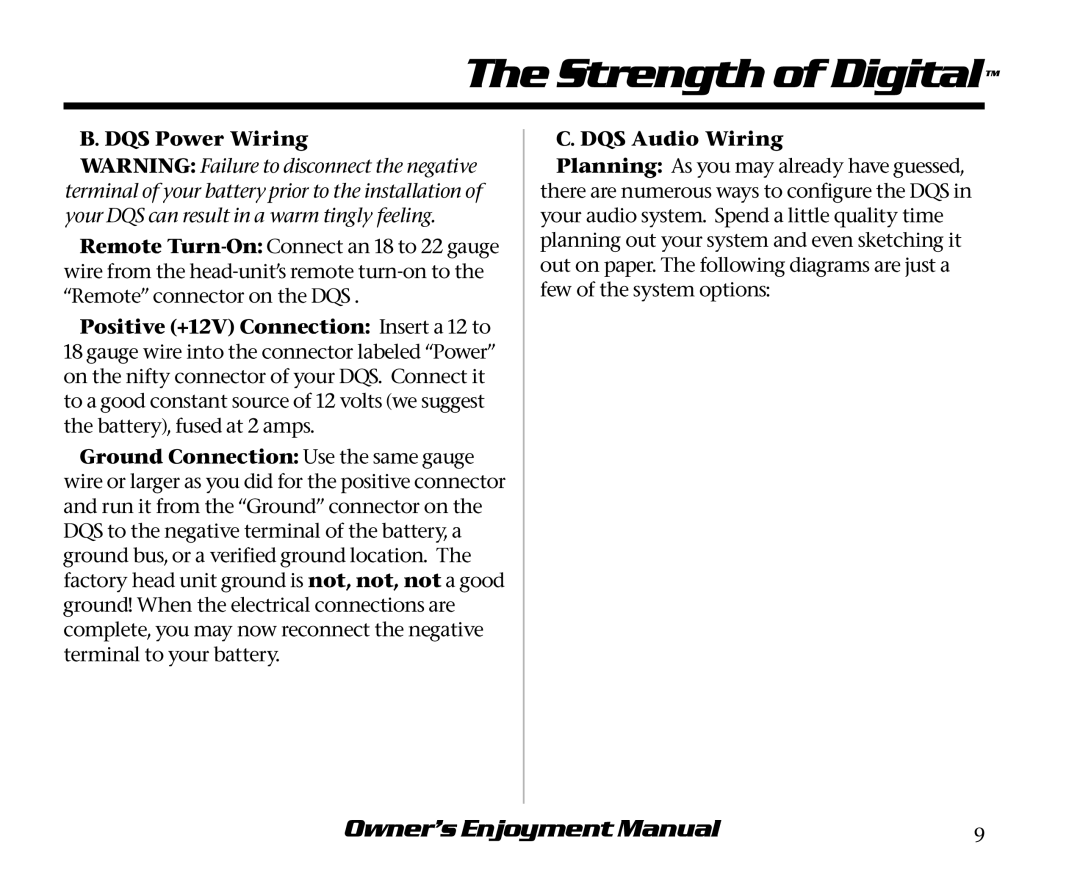 AudioControl manual DQS Power Wiring, DQS Audio Wiring 