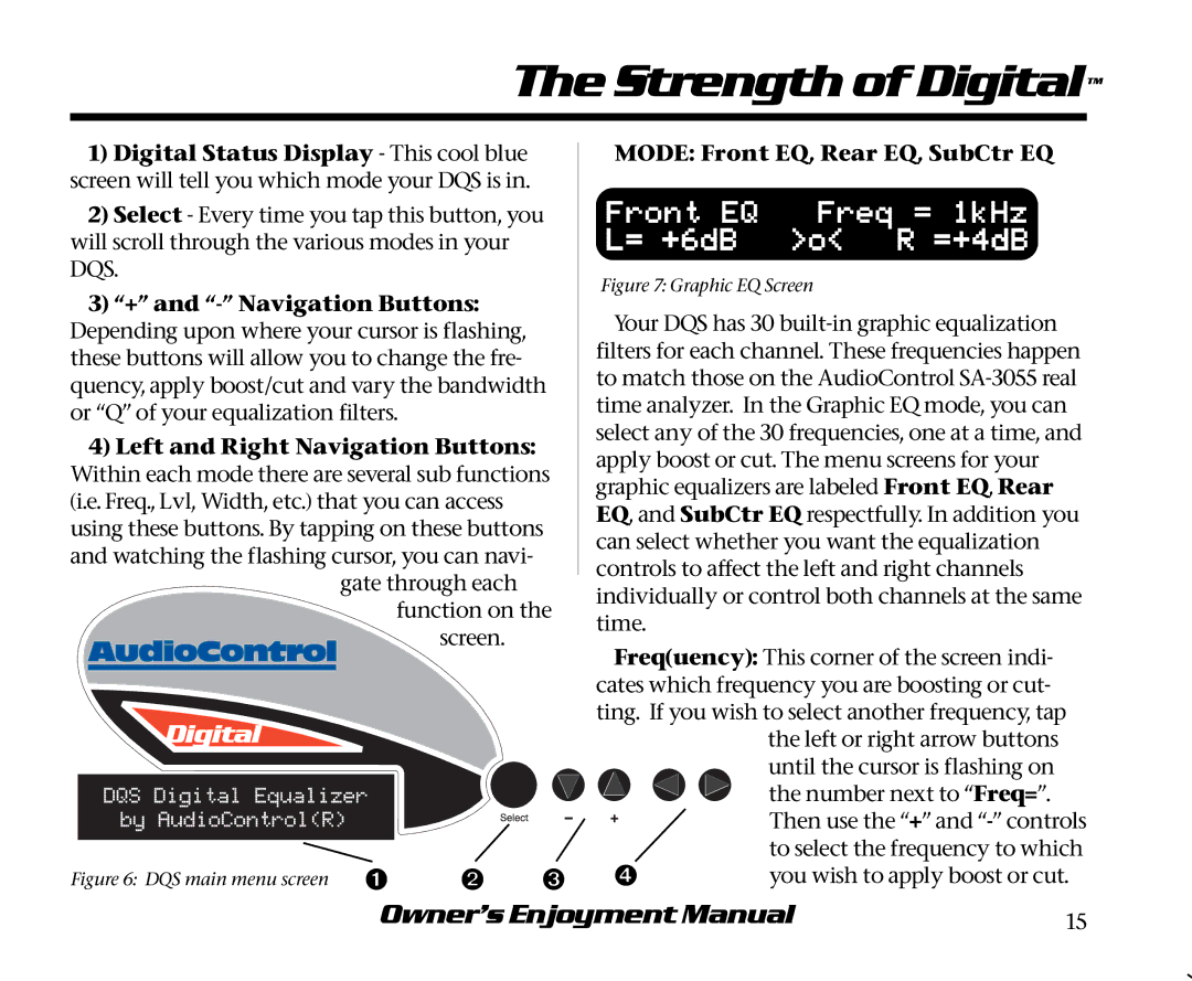 AudioControl DQS manual Front EQ Freq = 1kHz = +6dB =+4dB, Mode Front EQ, Rear EQ, SubCtr EQ 