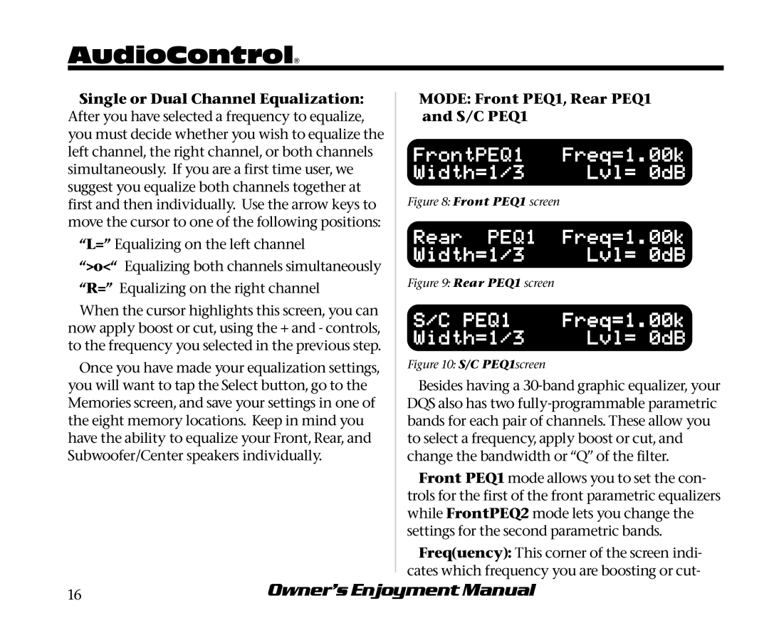 AudioControl DQS manual Mode Front PEQ1, Rear PEQ1 and S/C PEQ1 