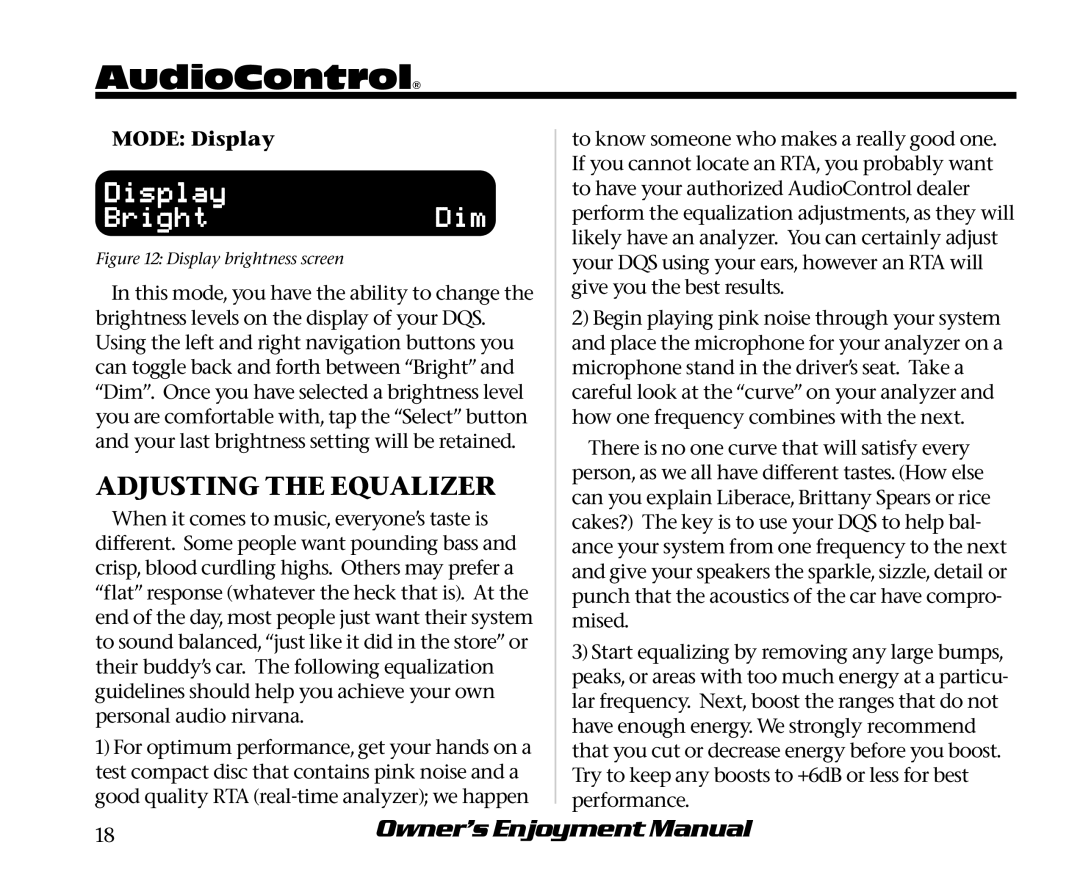 AudioControl DQS manual Adjusting the Equalizer, Mode Display 