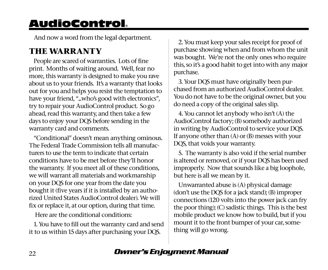 AudioControl DQS manual Warranty 