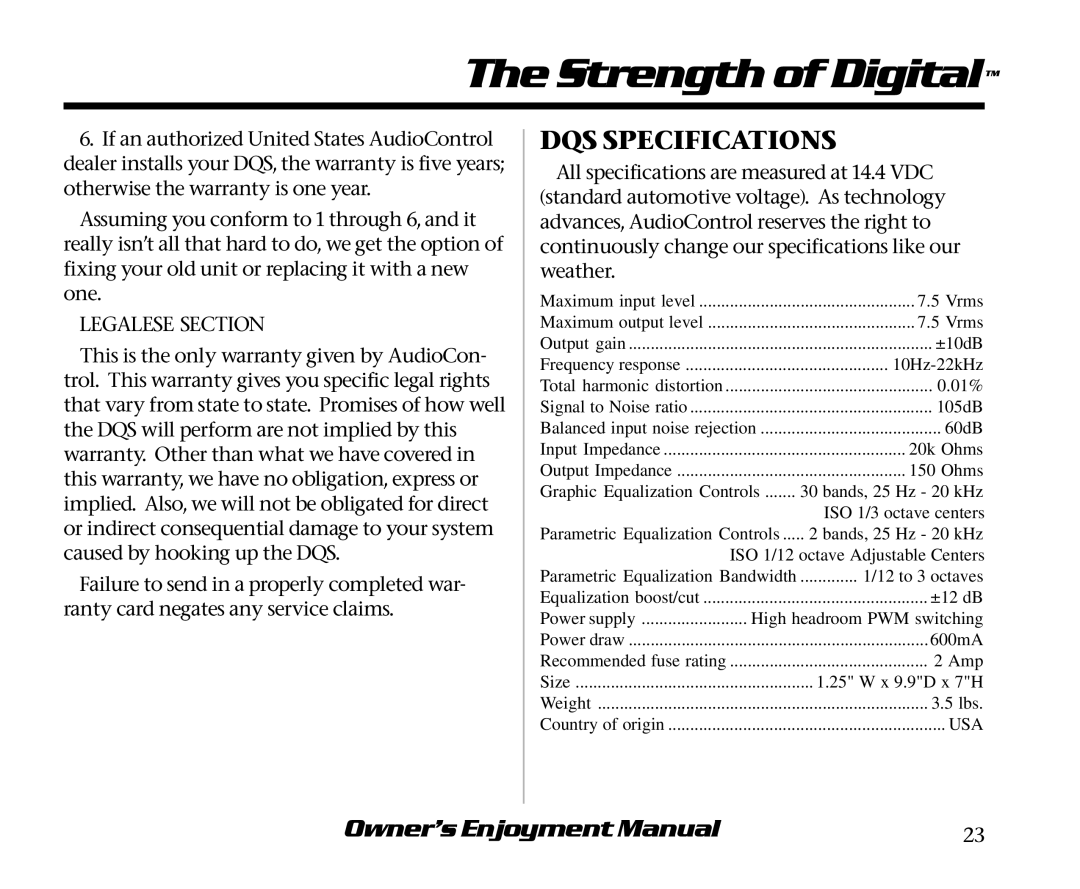 AudioControl manual DQS Specifications, Legalese Section 