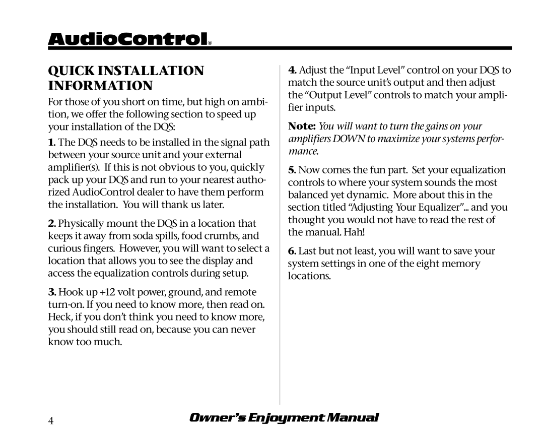 AudioControl DQS manual Quick Installation Information 