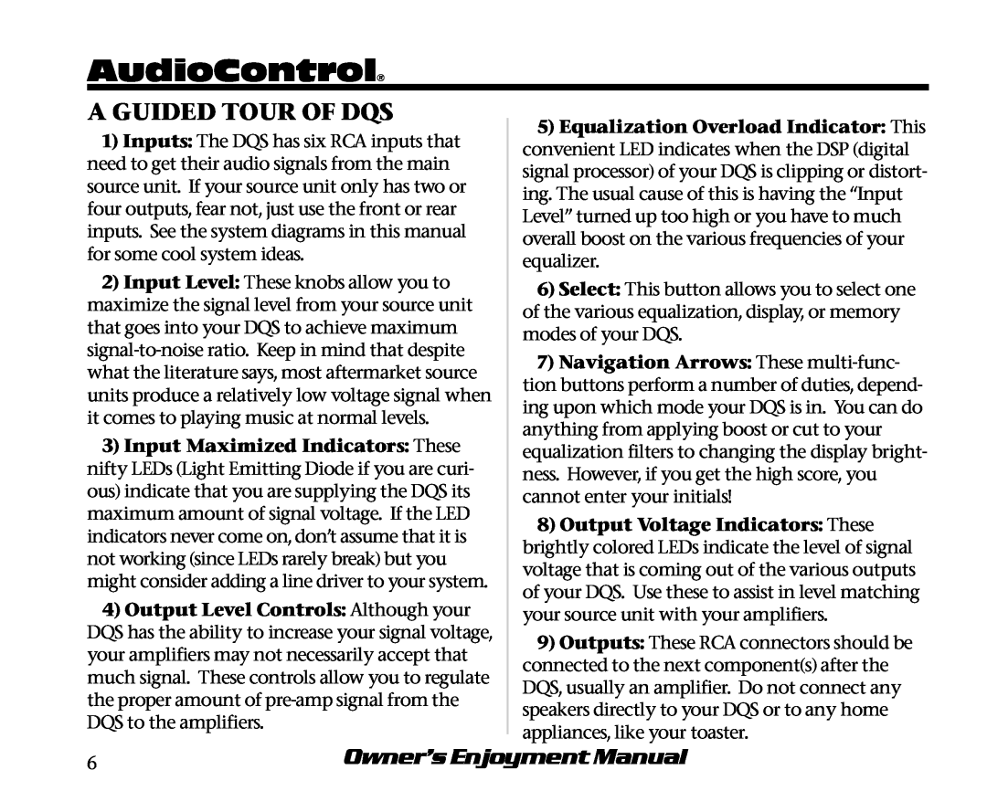 AudioControl DQS manual AudioControl, A Guided Tour Of Dqs, Owner’s Enjoyment Manual 