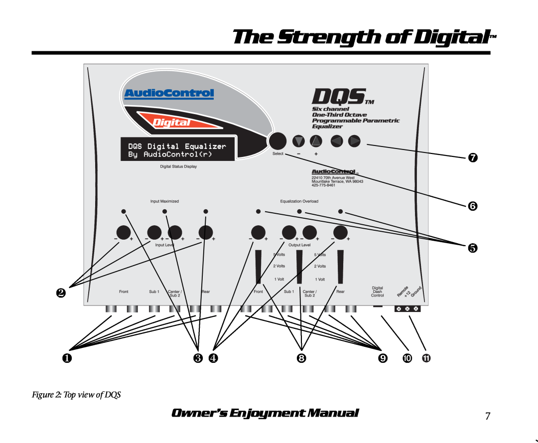 AudioControl manual The Strength of Digital, Owner’s Enjoyment Manual, Digital Equalizer, AudioControlr, Top view of DQS 
