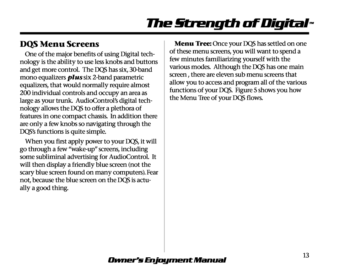 AudioControl manual The Strength of Digital, DQS Menu Screens, Owner’s Enjoyment Manual 
