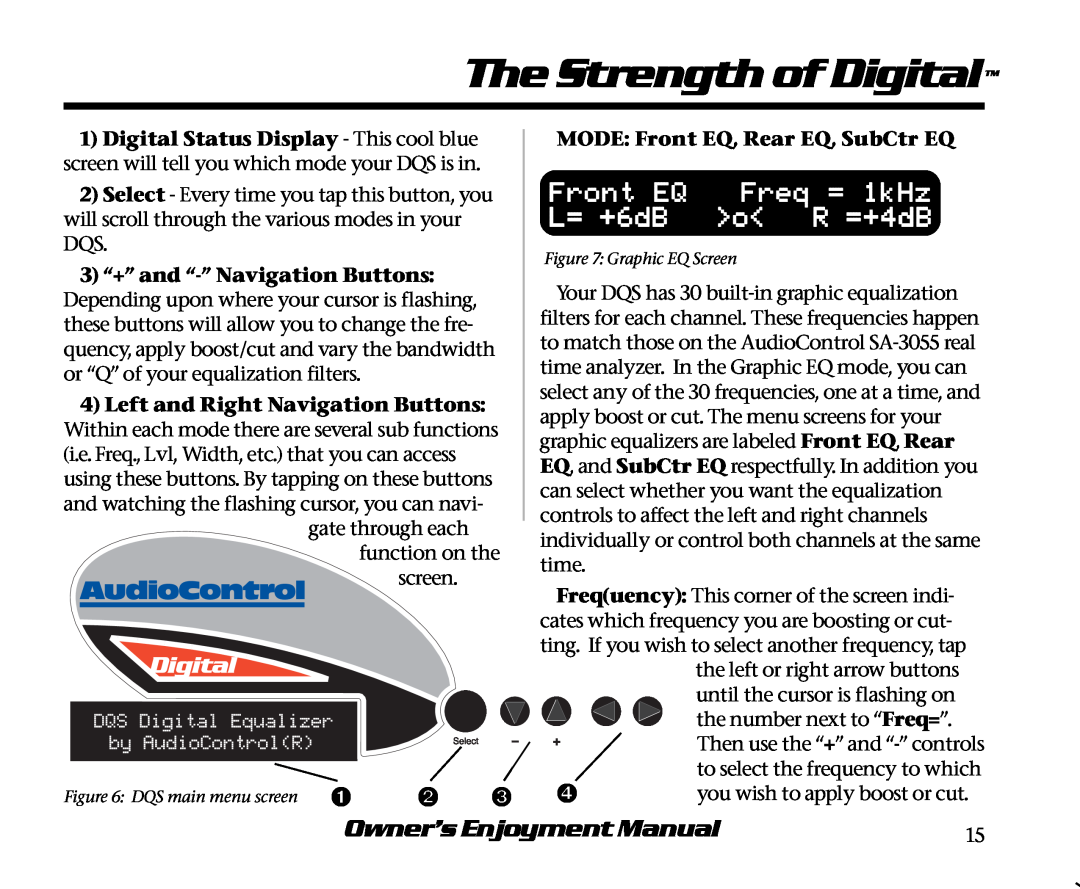 AudioControl DQS manual The Strength of Digital, Front EQ, Freq = 1kHz, L= +6dB, o R =+4dB, Owner’s Enjoyment Manual 