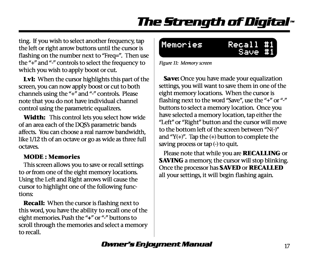 AudioControl DQS manual The Strength of Digital, Recall, Save, Owner’s Enjoyment Manual, MODE Memories 