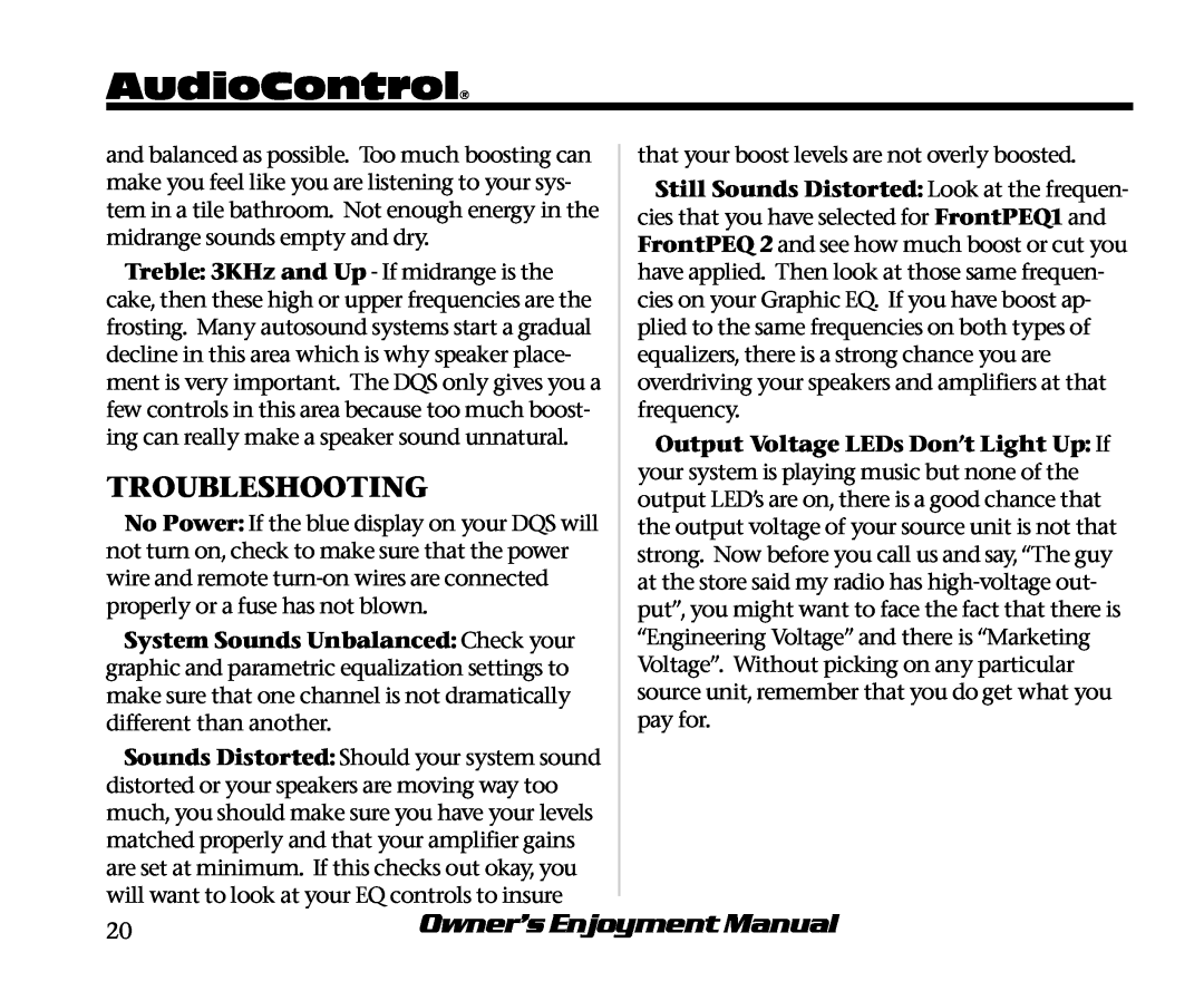AudioControl DQS manual AudioControl, Troubleshooting, Owner’s Enjoyment Manual 