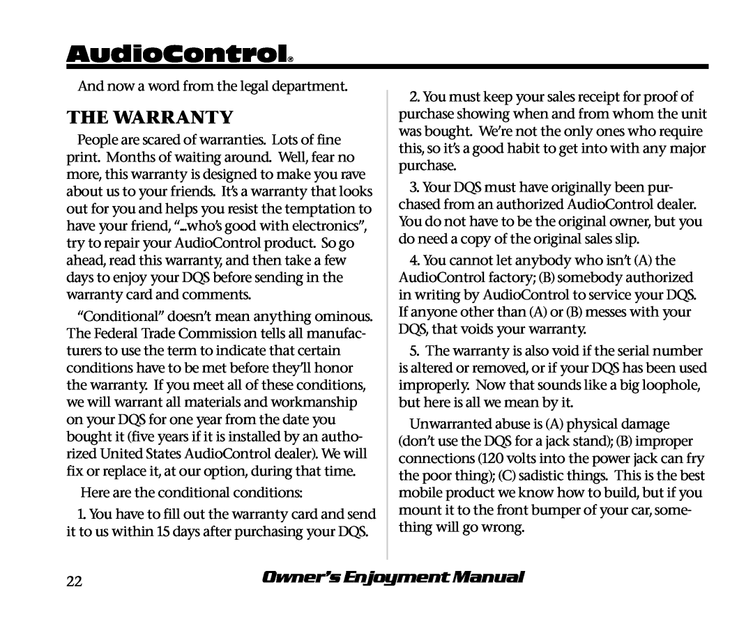 AudioControl DQS manual AudioControl, The Warranty, Owner’s Enjoyment Manual 