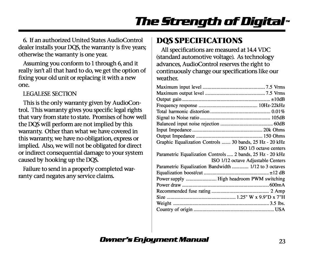 AudioControl DQS manual The Strength of Digital, Dqs Specifications, Owner’s Enjoyment Manual 