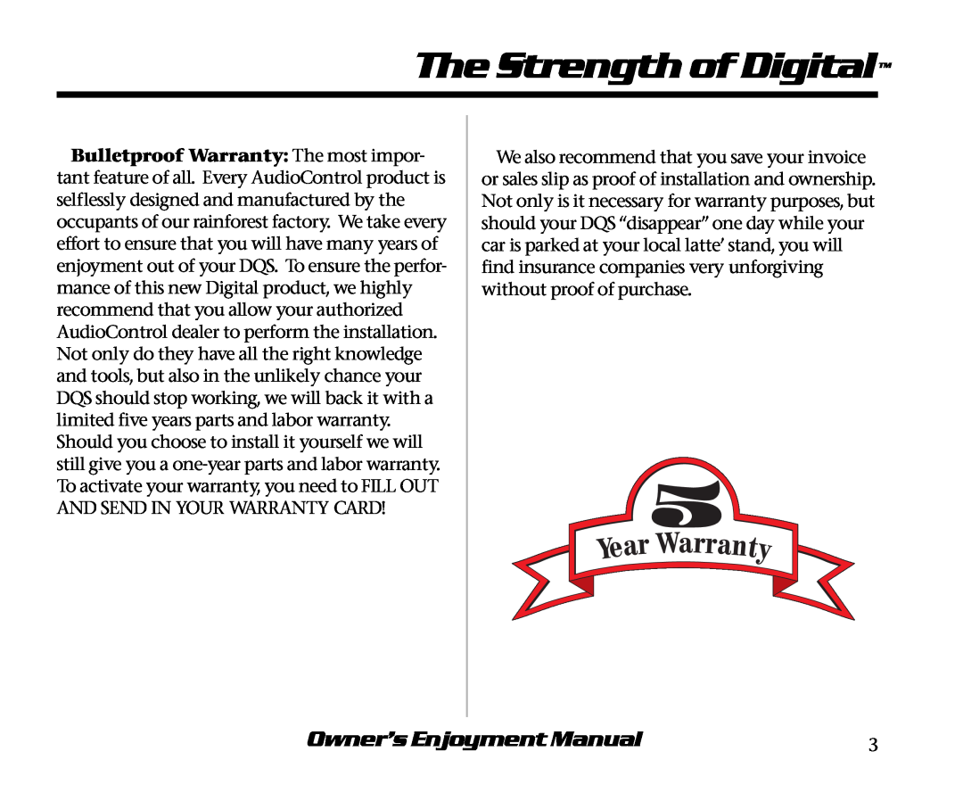 AudioControl DQS manual The Strength of Digital, Owner’s Enjoyment Manual 